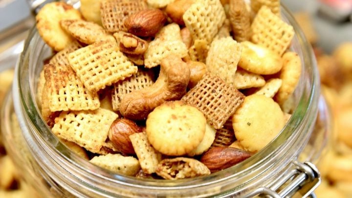 Spicy Chex Mix in a jar.