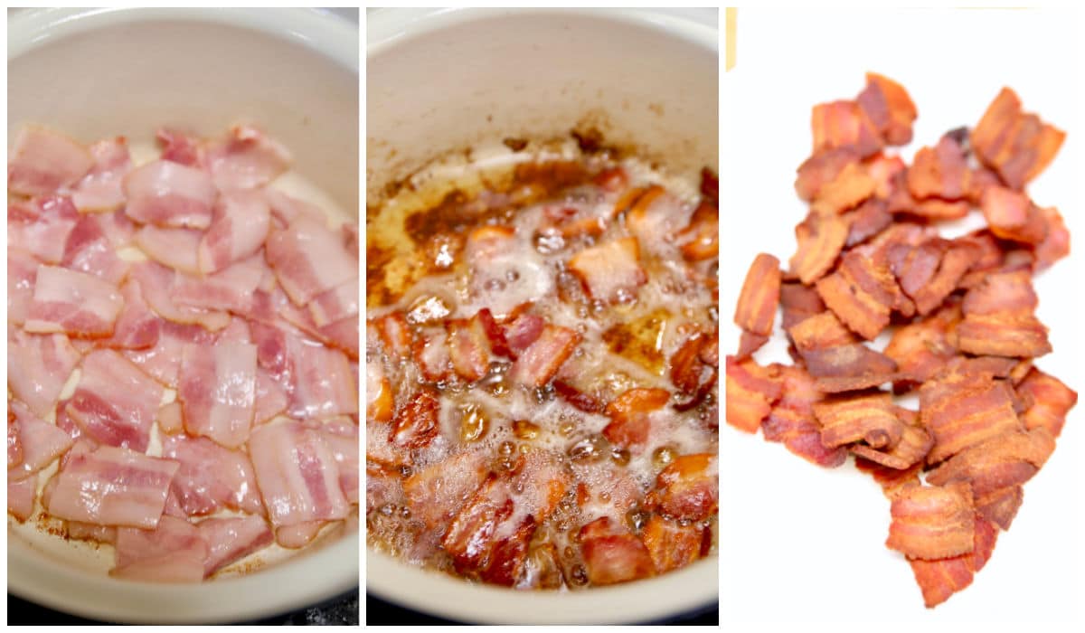 Collage cooking bacon in a dutch oven, draining on paper towels.