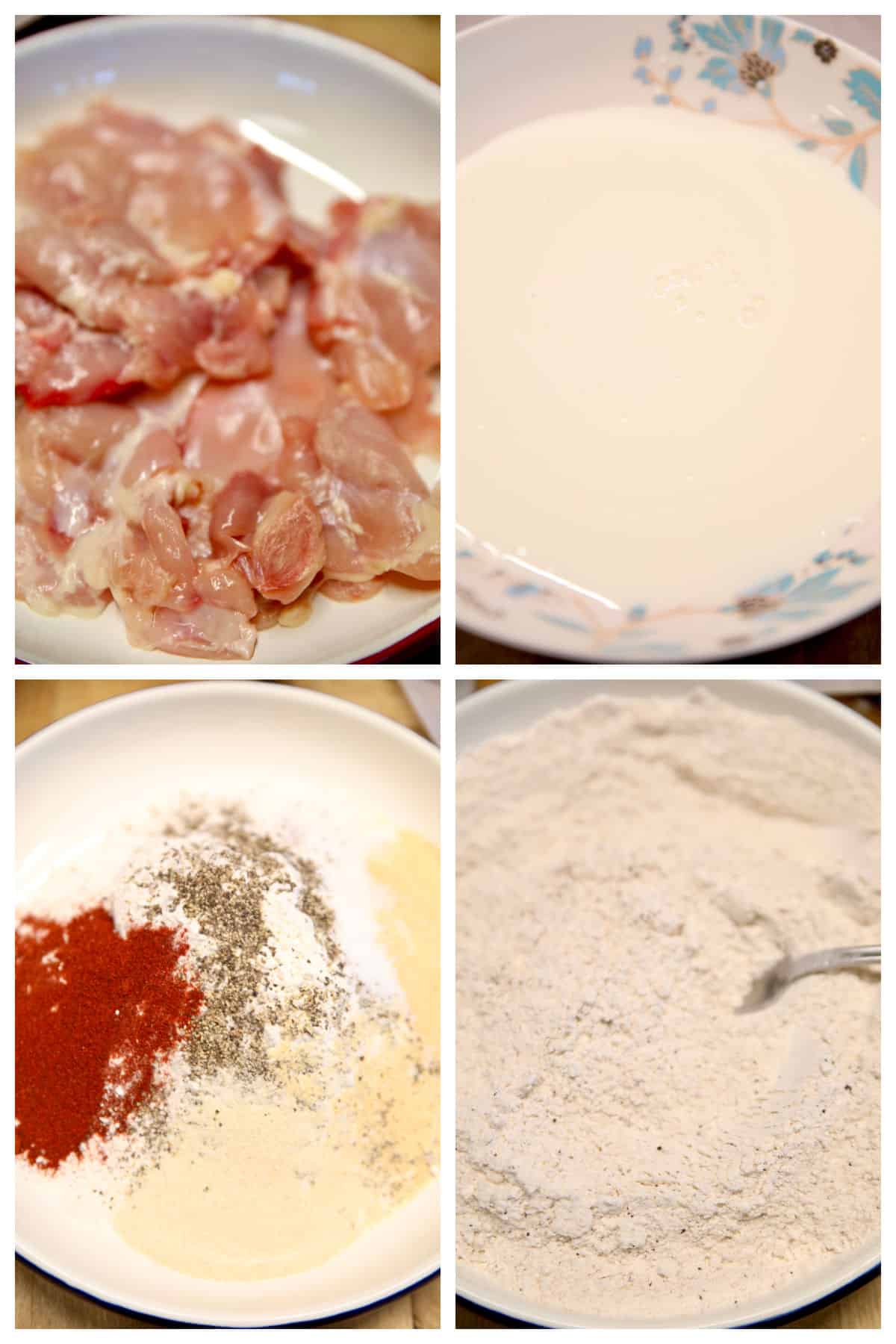 Collage: chicken thighs, buttermilk, seasoned flour, mixed flour.