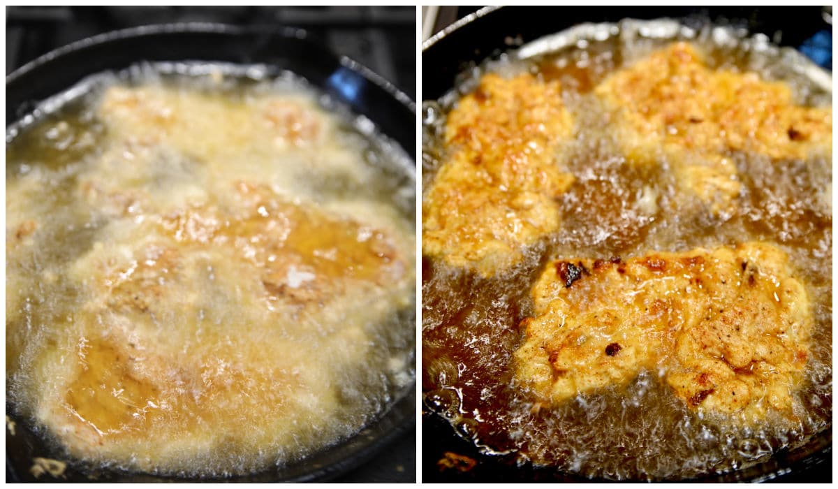 Collage: frying battered chicken.