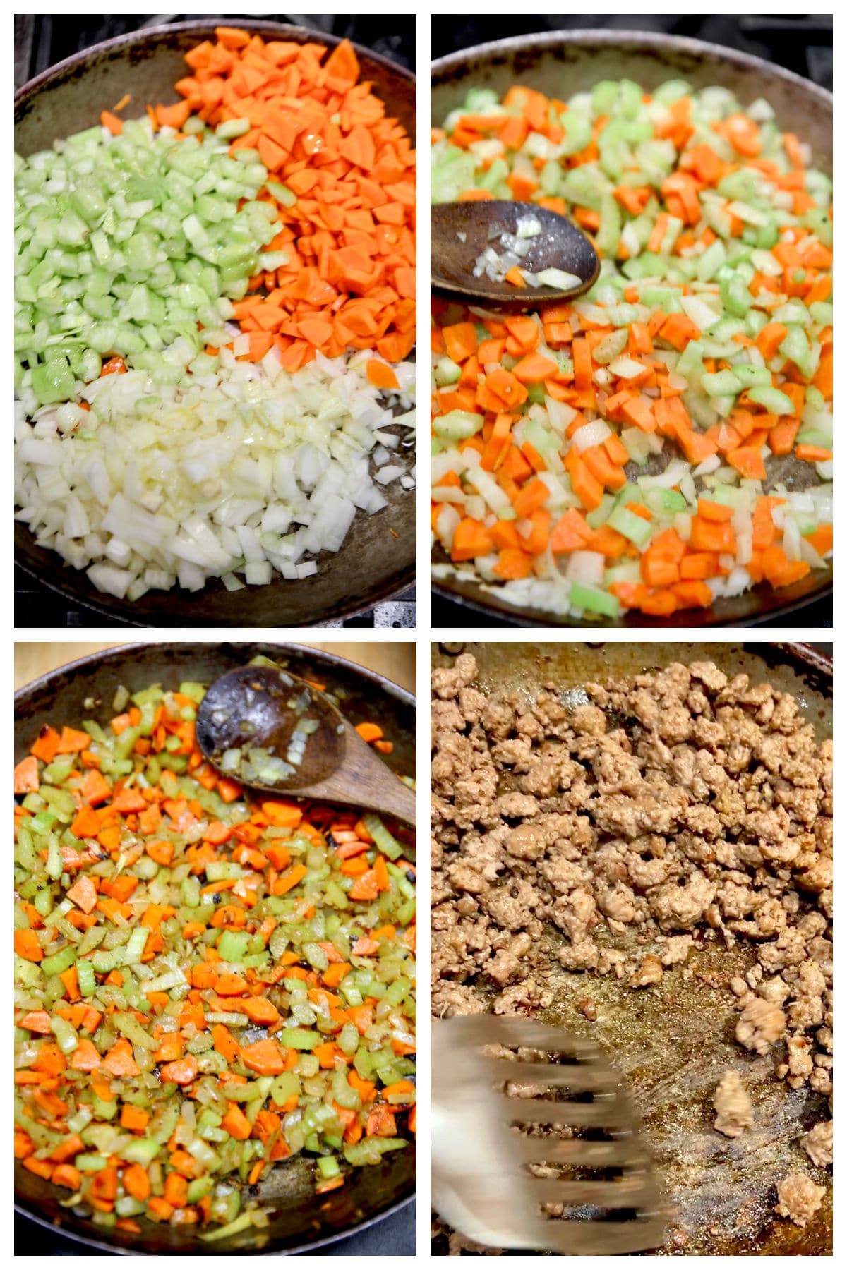 Collage cooking carrots, celery onions. Browning ground beef.