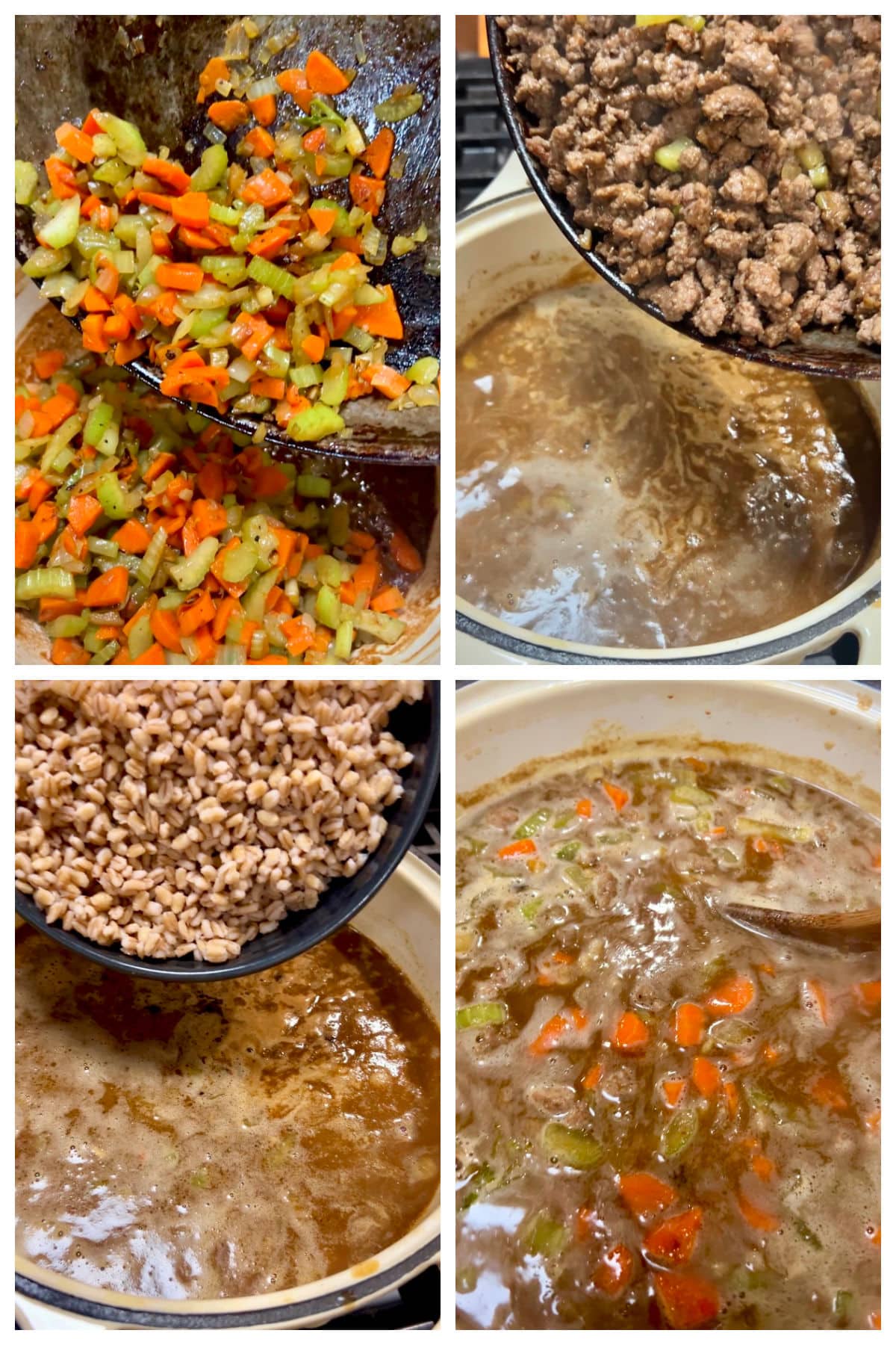 Collage adding vegetables, ground beef, barley to soup.