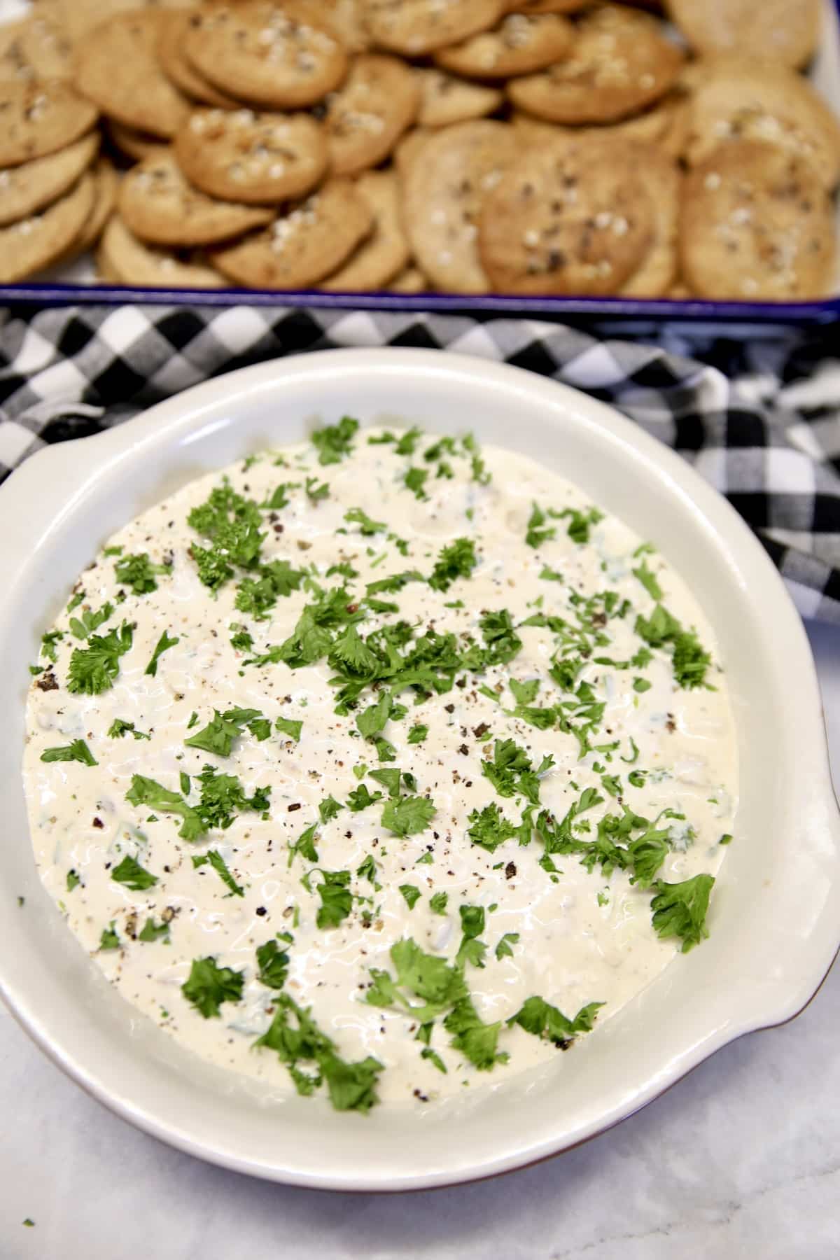 Bowl of clam dip and tray of crackers.