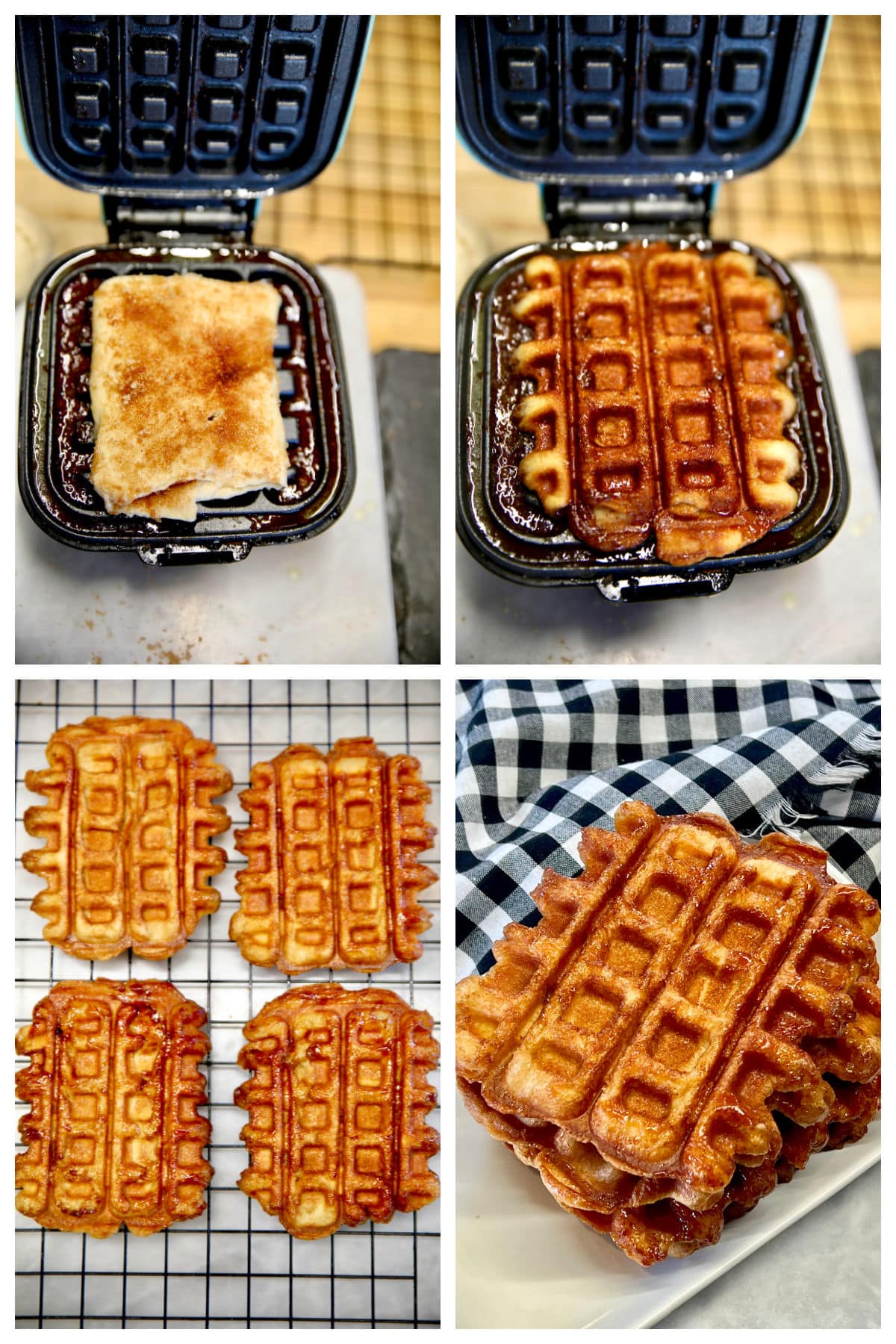 Waffle iron cooking croffles collage, cooling on wire rack, stacked on a plate.