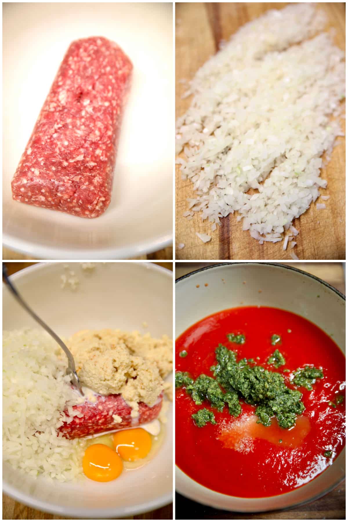Collage making meatball mixture with ground beef, onions, eggs, bread/ marinara sauce.
