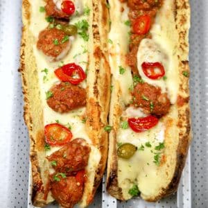 Meatball Subs with candied jalapenos.