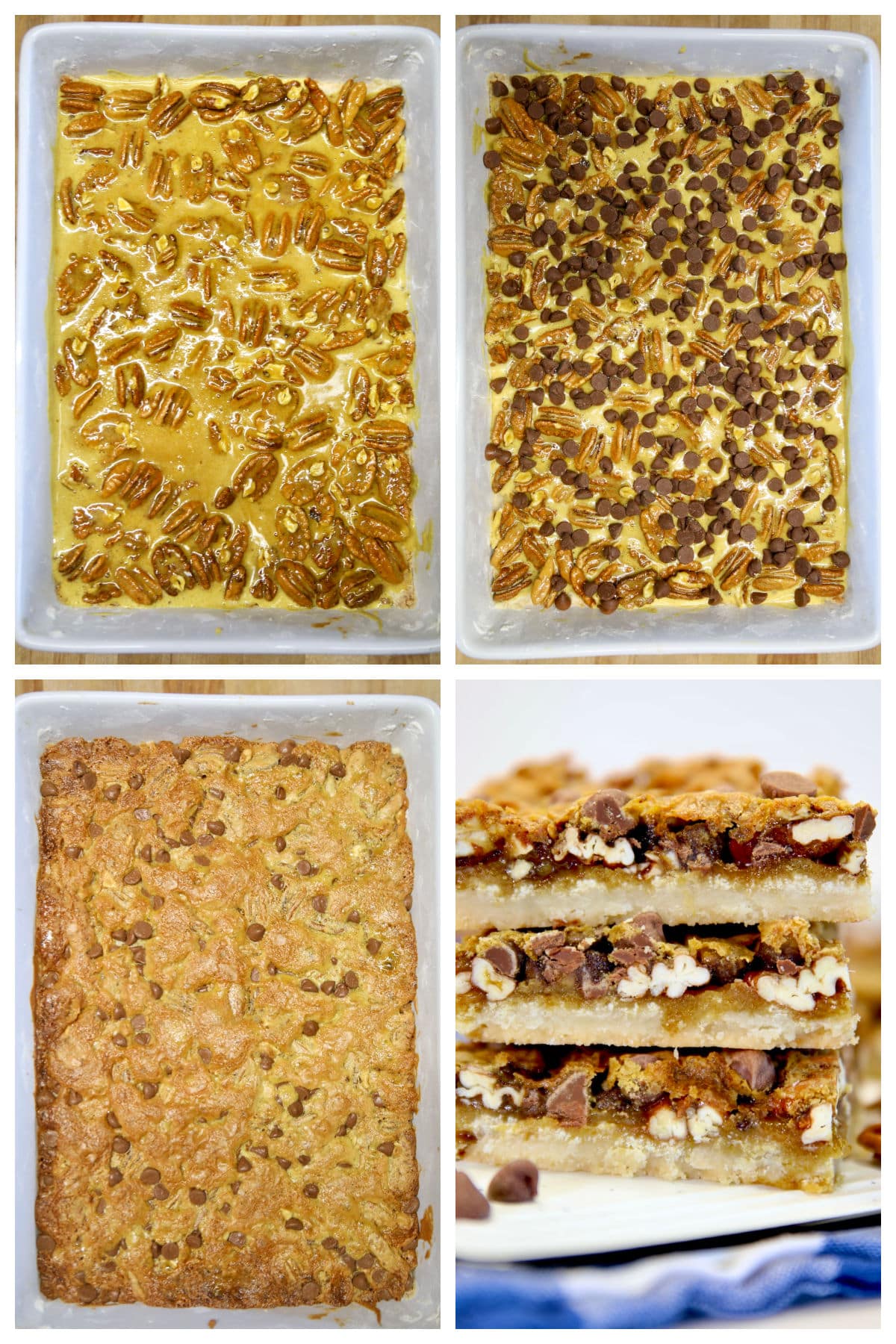 Collage: making pecan pie bars, baking, sliced.