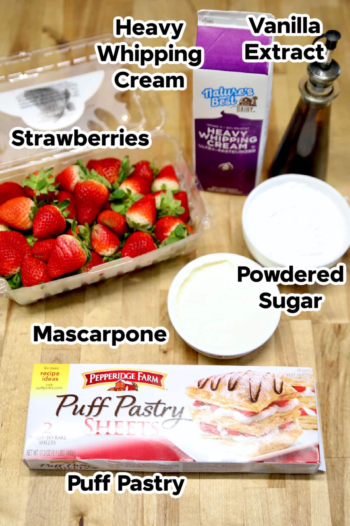 Ingredients for Napoleon pastries with strawberries.