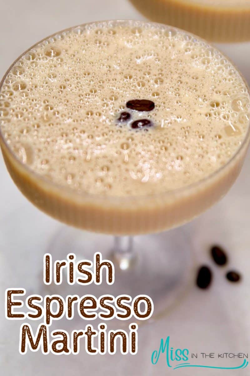 Irish Espresso Martini with coffee bean garnish- text overlay.