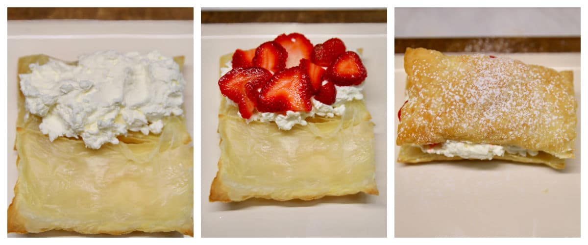Puff pastry collage with pastry cream and strawberries.