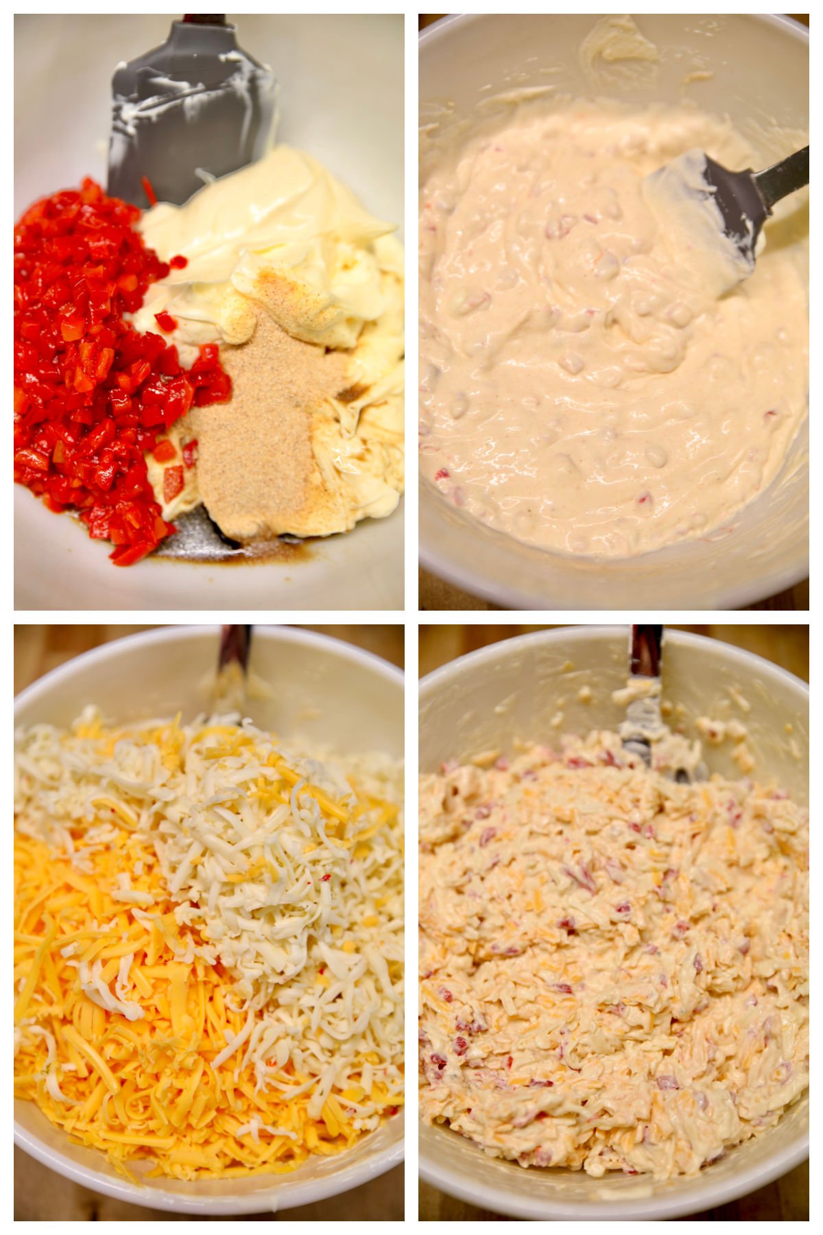 Collage making pimento cheese in a bowl with mayo.