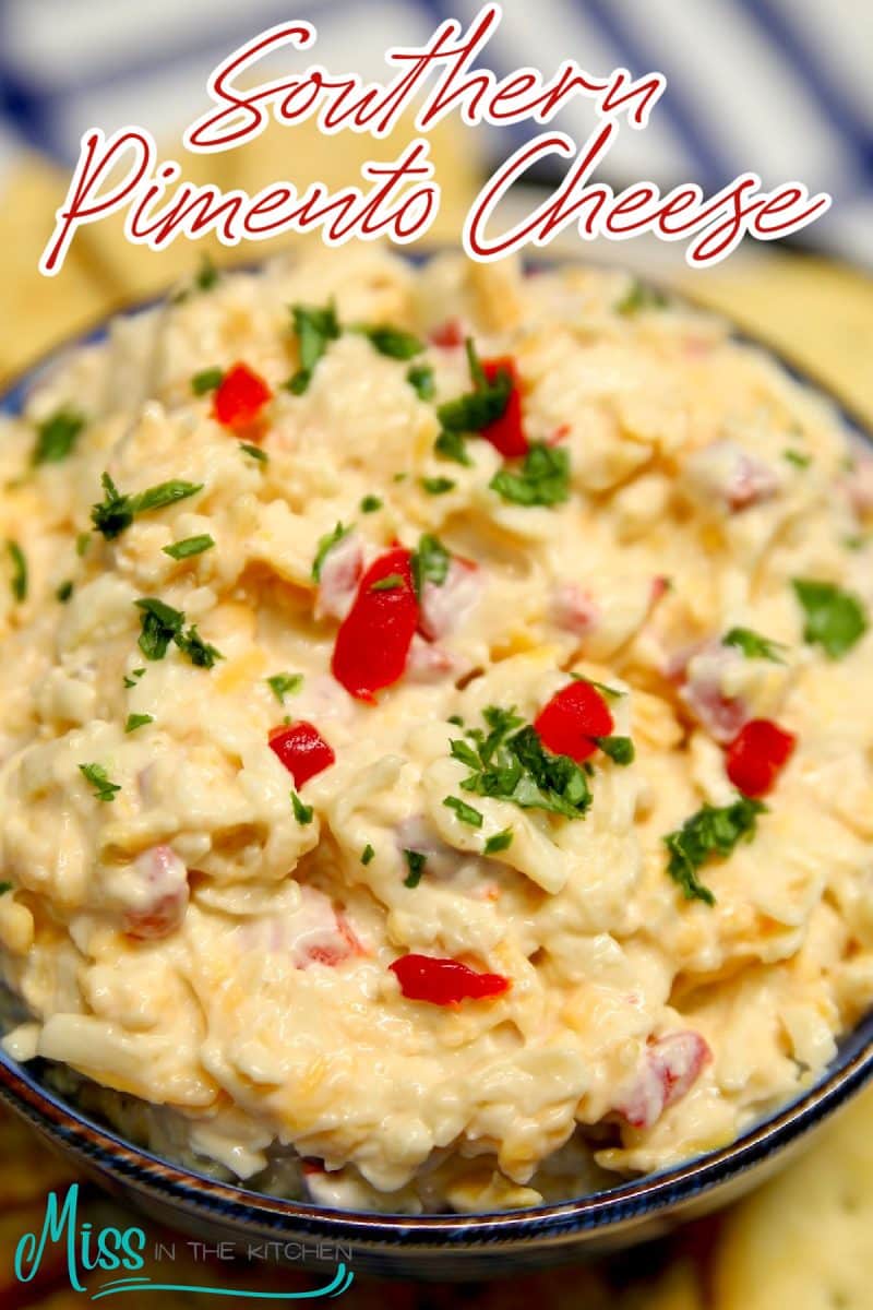 Southern Pimento Cheese in a bowl - text overlay.