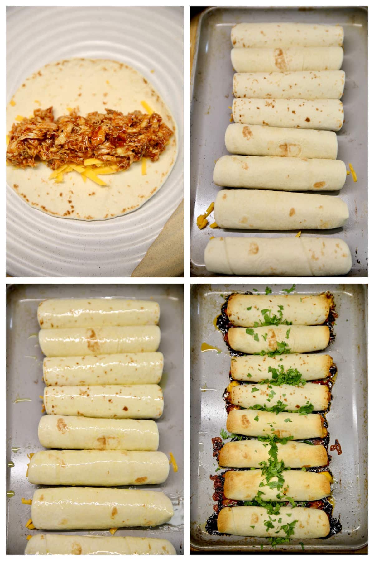 Collage making bbq chicken and cheese taquitos.