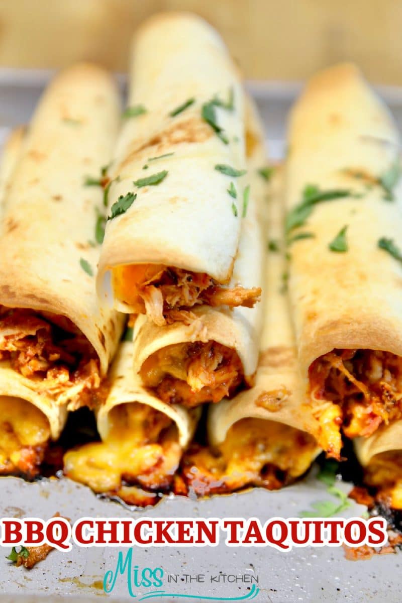 BBQ chicken taquitos on a sheet pan with text overlay.