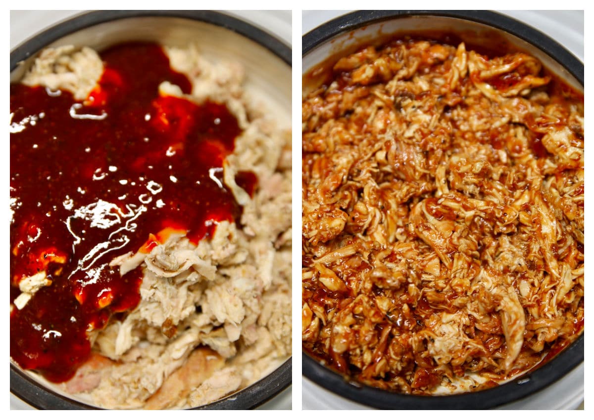 Shredded chicken with bbq sauce in a bowl, mixed.