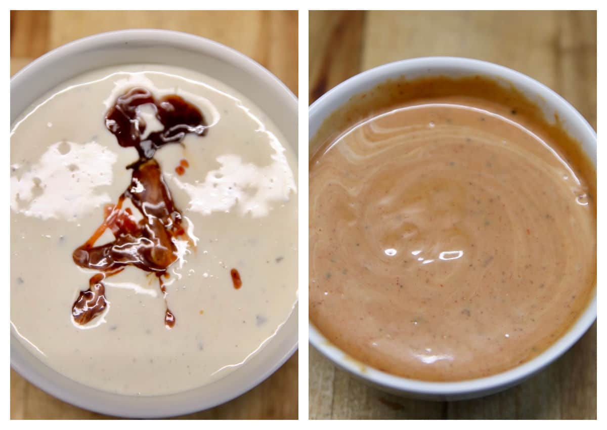 Ranch dressing with bbq sauce mixed in a bowl.