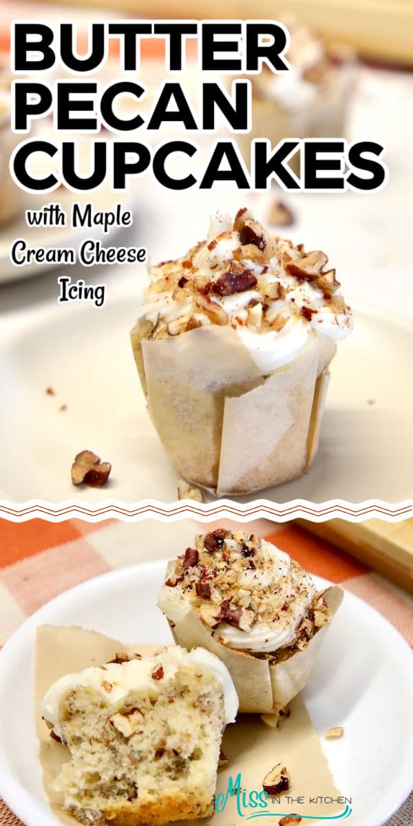 Butter pecan cupcakes collage with text overlay.