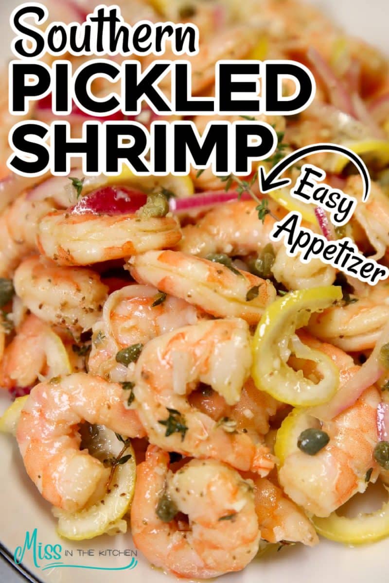 Southern pickled shrimp on a platter- text overlay.