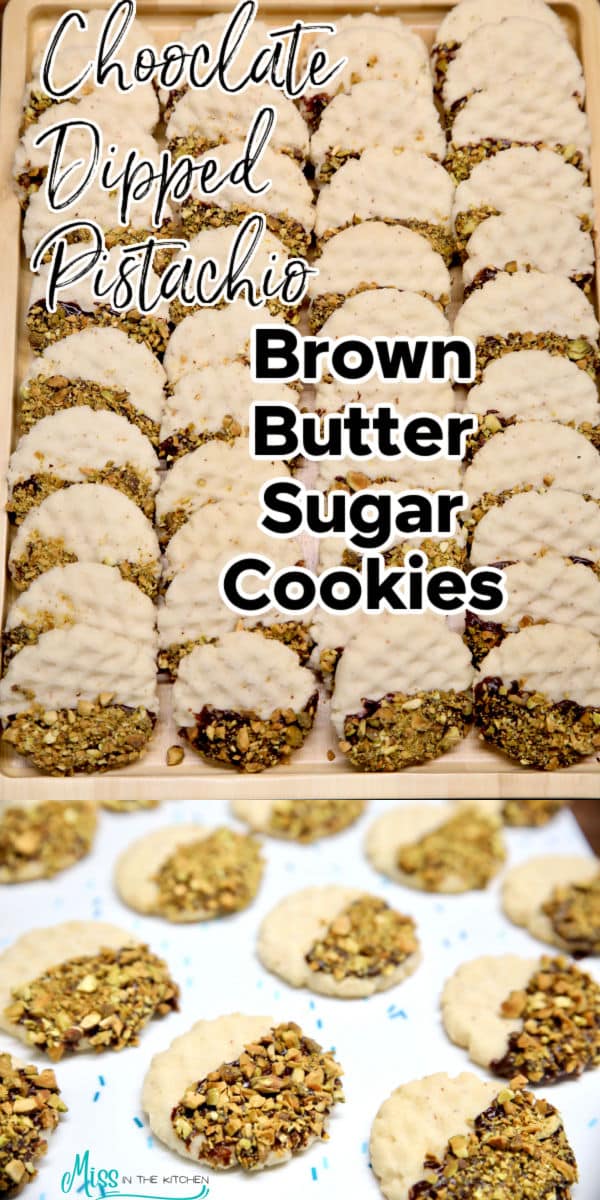 Brown butter sugar cookies with chocolate ganache and pistachios.