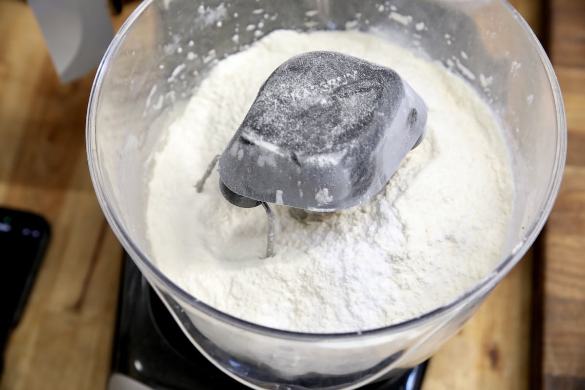 Flour in a mixer bowl.