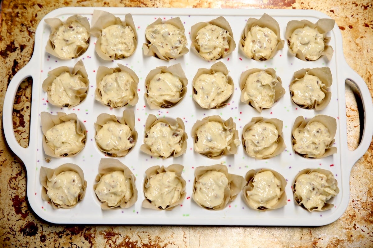 Mini pecan cupcakes in pan.