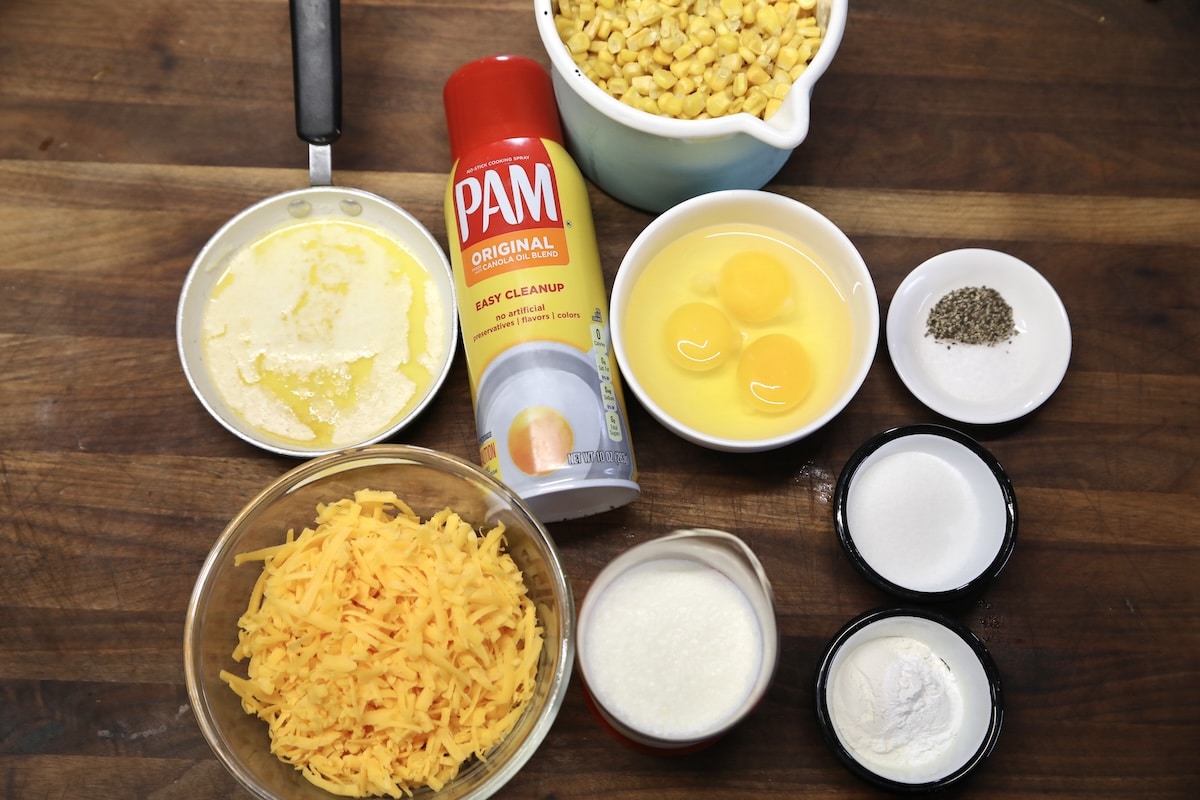 Ingredients for corn pudding with cheese.