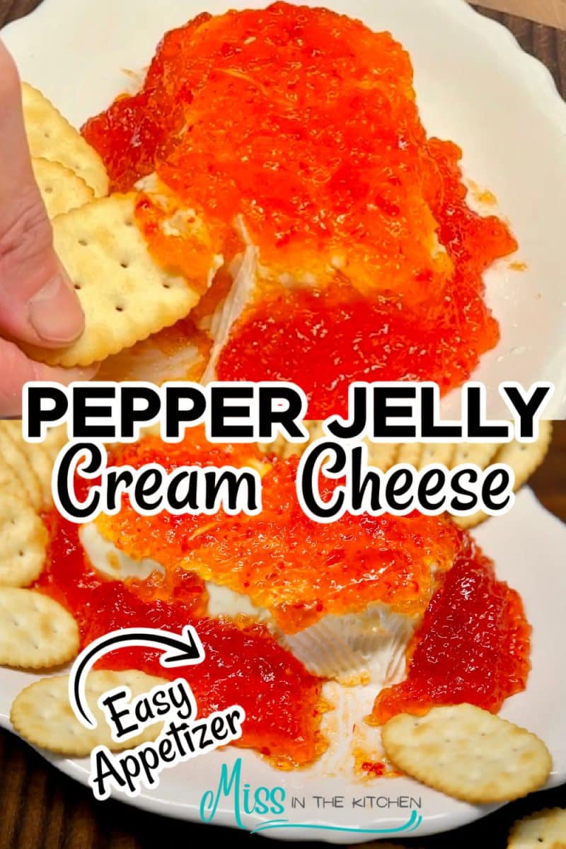 Pepper jelly cream cheese on a platter with crackers -collage.