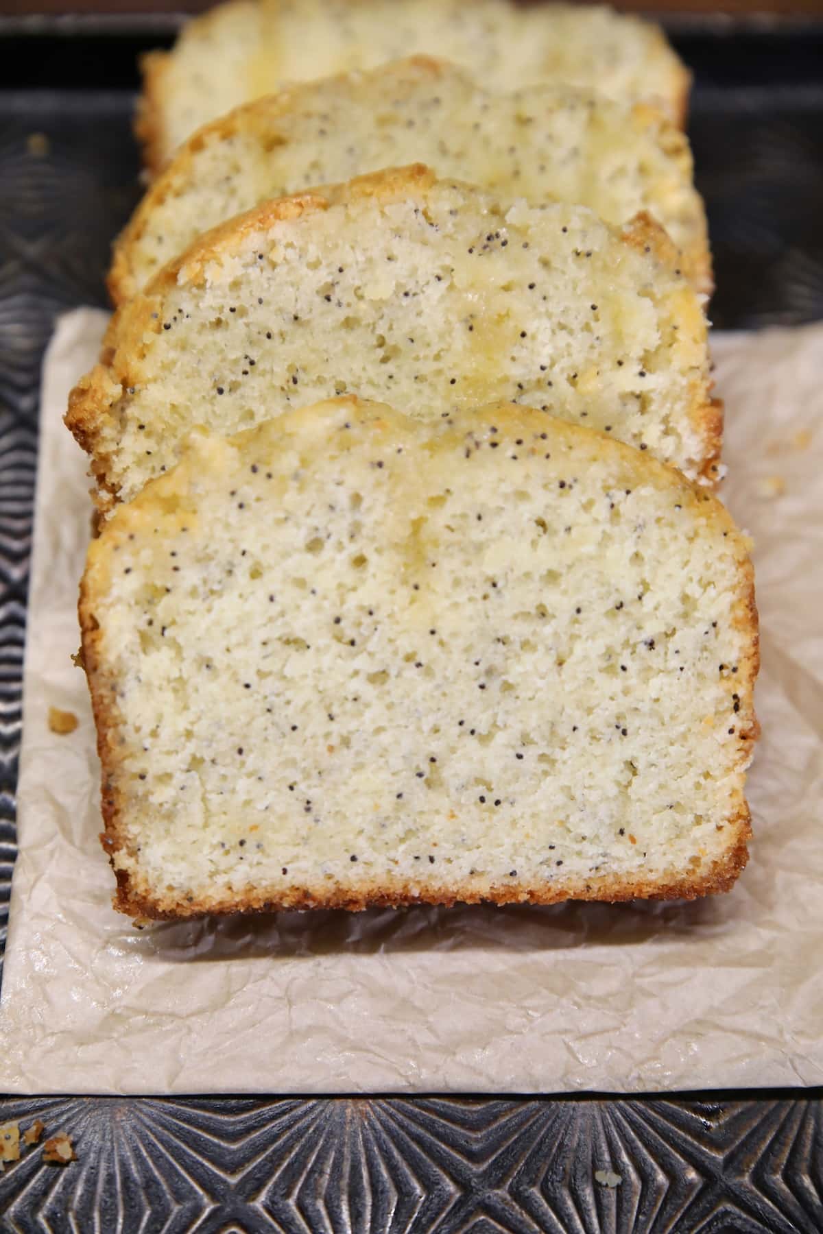 Poppy seed bread, sliced.