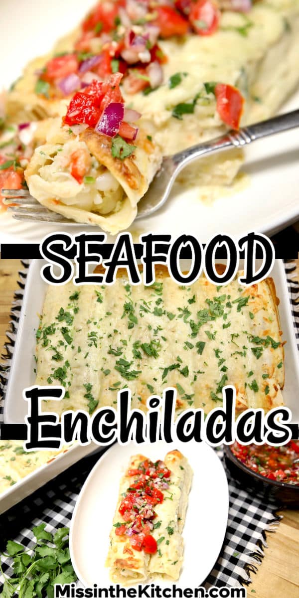 Seafood enchiladas with crab and shrimp collage.