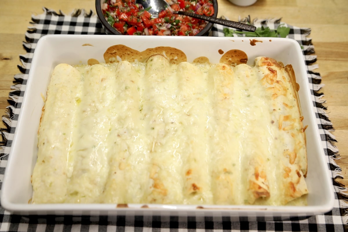 Pan of baked enchiladas.