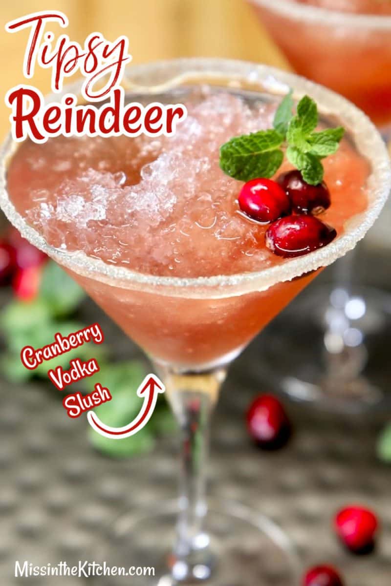 Tipsy Reindeer vodka cocktail with text overlay.