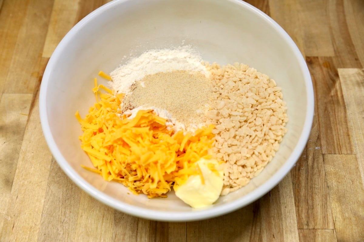 Bowl of ingredients for cheese wafers.