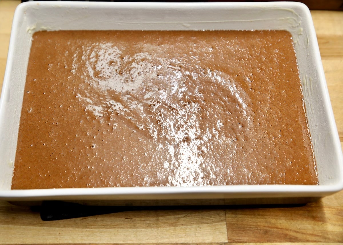 Chocolate cake batter in a 9 x 13 pan.