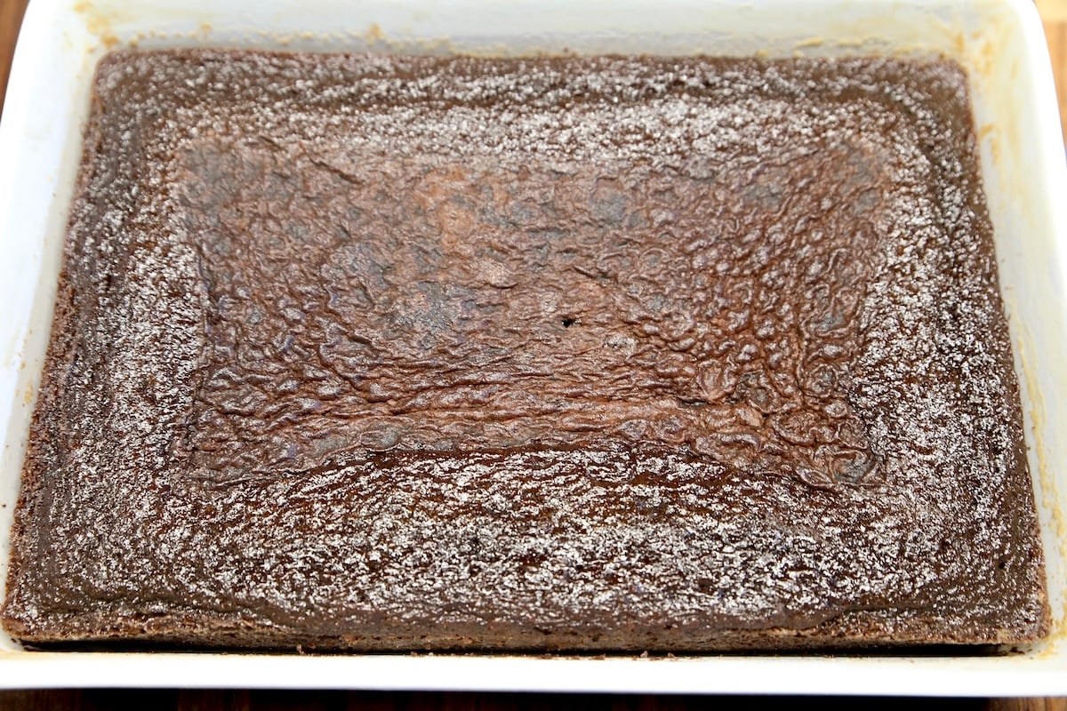 Chocolate cake in 9 x 13 pan.
