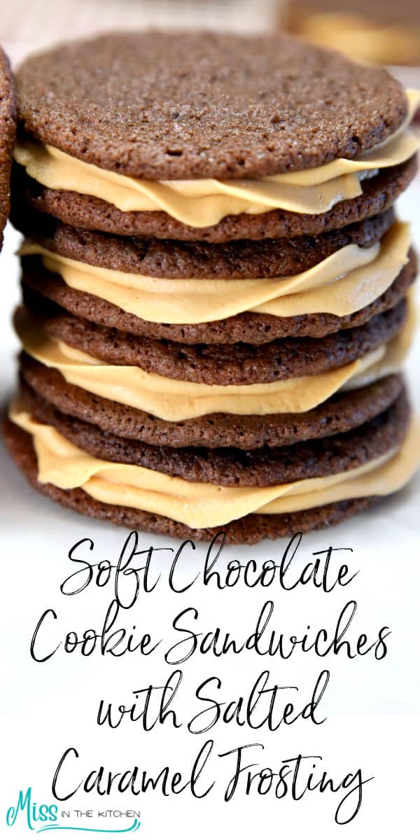 Stack of chocolate sandwich cookies with caramel frosting.
