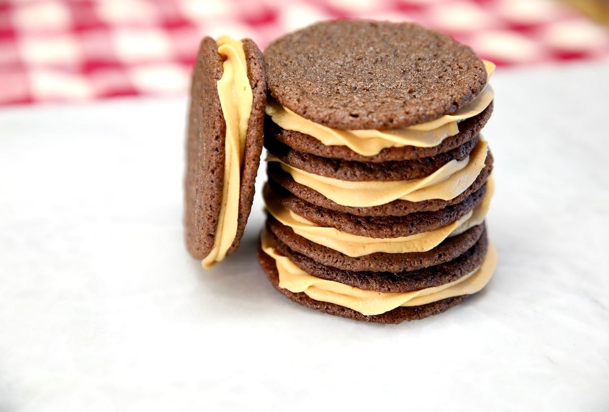 Chocolate cookies with salted caramel frosting.