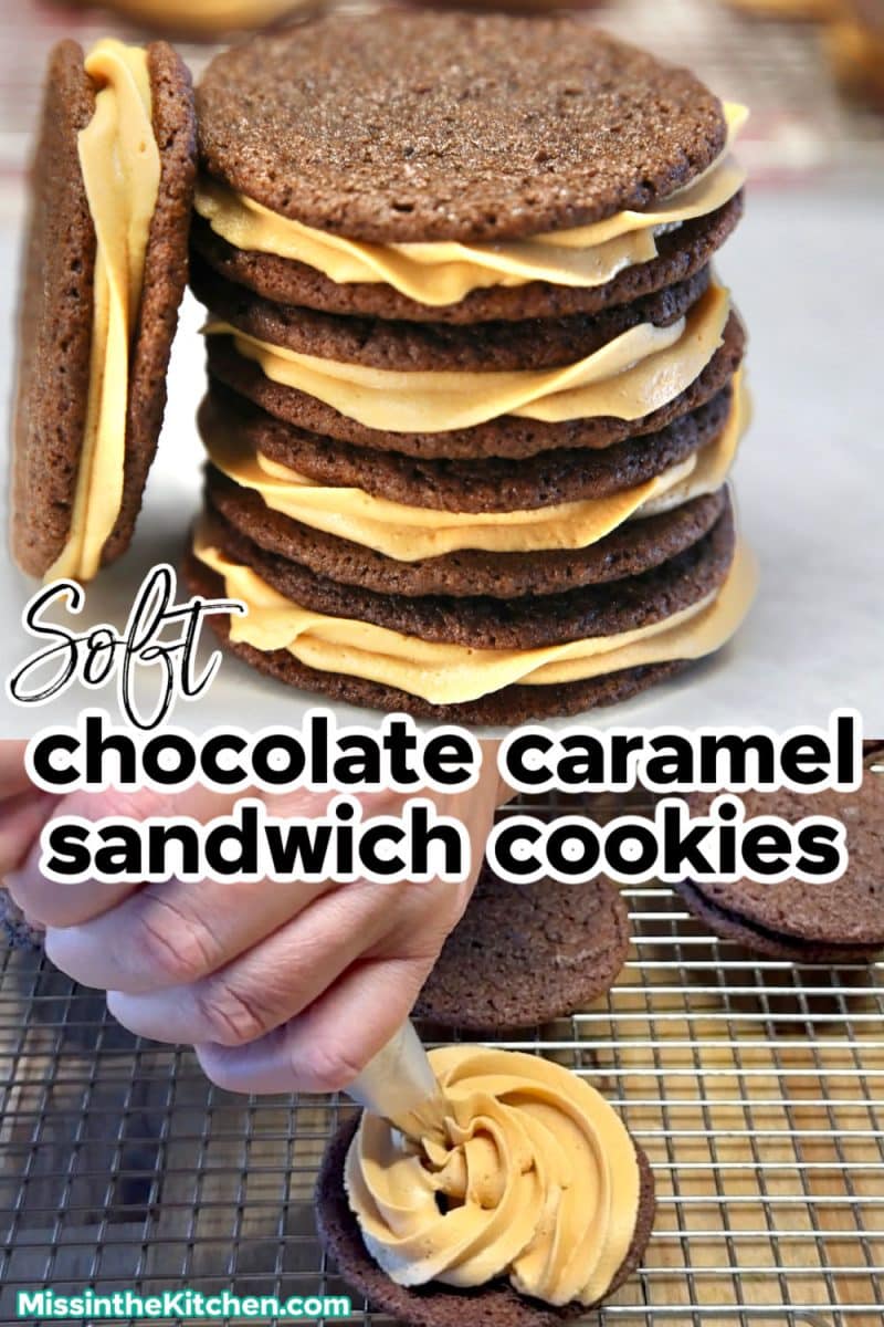 Stack of chocolate caramel cookies collage.