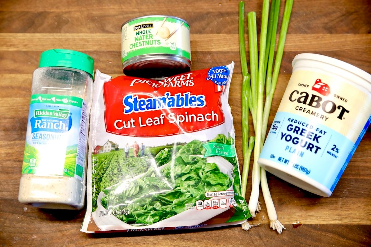 Ranch Spinach dip ingredients with greek yogurt, green onions.