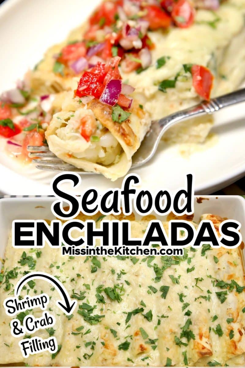 Seafood enchiladas collage - text overlay.