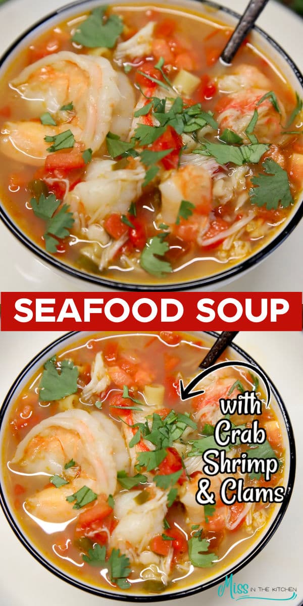 Collage seafood soup with text overlay.