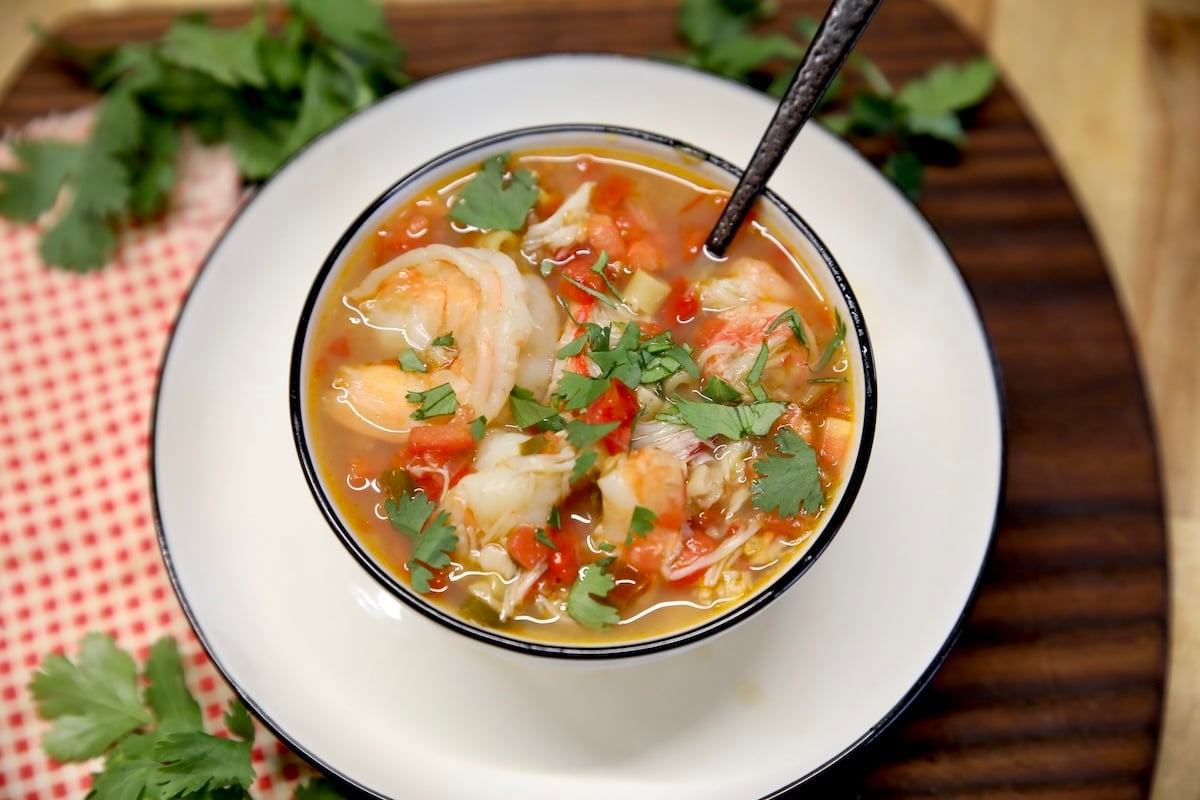 Bowl of shrimp, clam and crab soup.