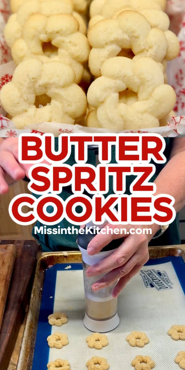 Butter Spritz Cookies collage: baked / cookie press.
