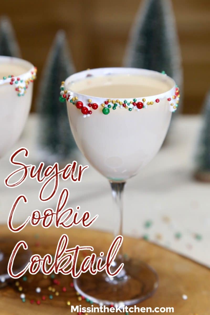 Creamy cocktail with sprinkled rim - text overlay.