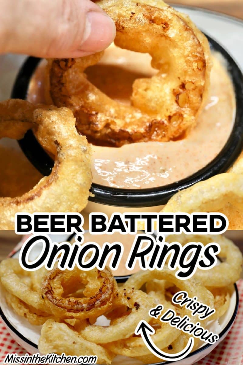 Beer battered onion rings dipping in sauce/platter.
