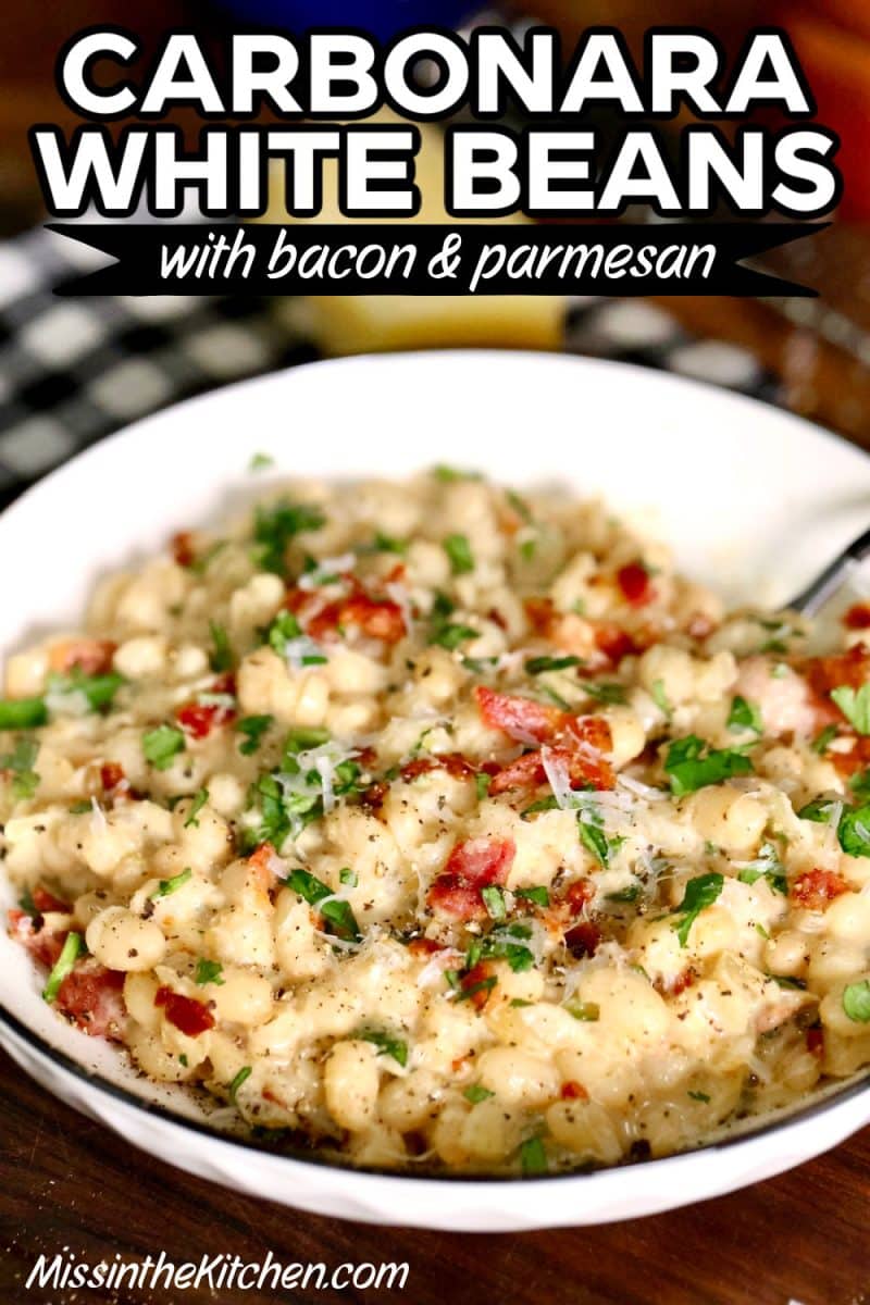 Carbonara white beans in a bowl - text overlay.