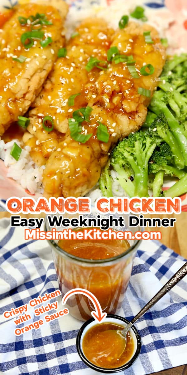 Orange chicken collage with text overlay.