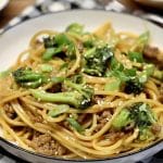 Bowl of ground beef sesame noodles with broccoli.
