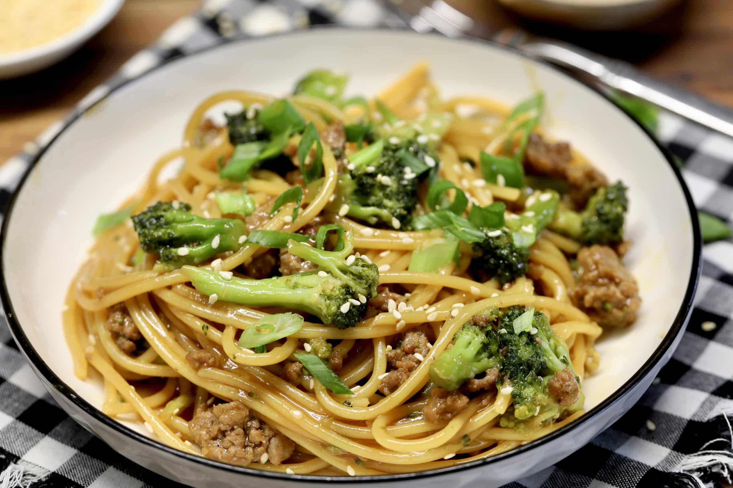 Sesame Noodles with ground beef and brocoli. Ground beef and broccoli sesame noodles.