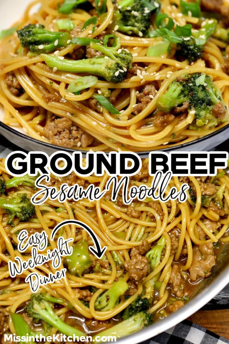 Ground beef and broccoli noodles collage with text.