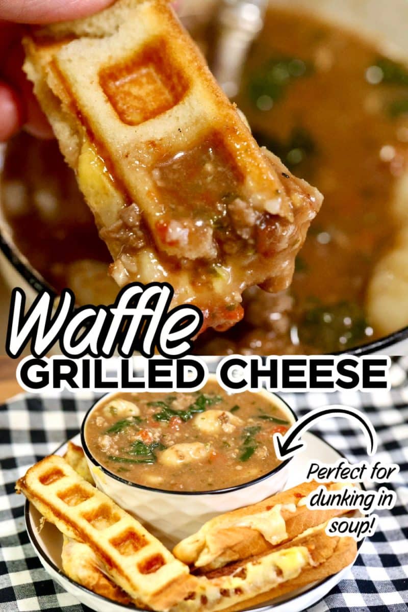Waffle grilled cheese dipping into soup/bowl of soup with grilled cheese.